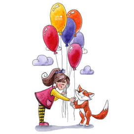 Иллюстрация к открытке. Девочка и лисёнок.