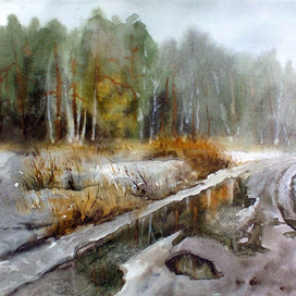 У подножия леса шире растекаются лужи.. 