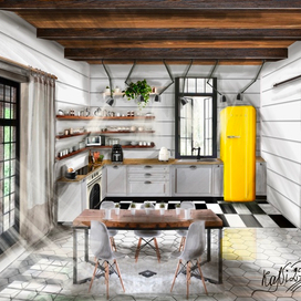 Визуализация интерьера кухни скетч в технике коллаж 