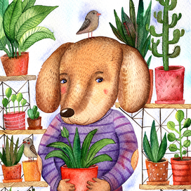 Пес с растениями