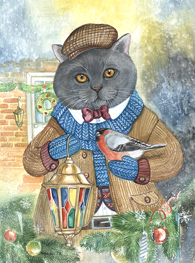 Новогодний кот со снегирем