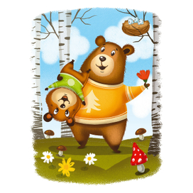 Медведь папа и медвежонок на полянке в лесу