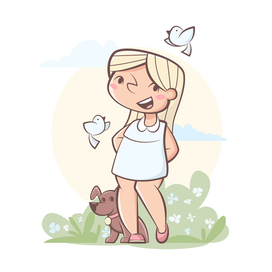 Happy Little Girl with Pet Dog