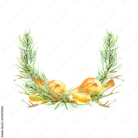 Акварельный рождественский венок из сосновый веток,мандаринов и палочек корицы