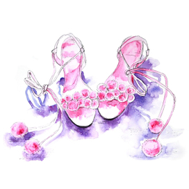 Pink pomepomes sandals watercolor sketch