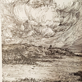 Графичный рисунок чёрной ручкой, пейзаж🌾