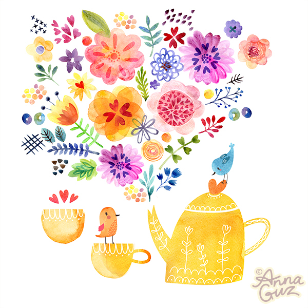 Акварельный натюрморт с чайником и птичками