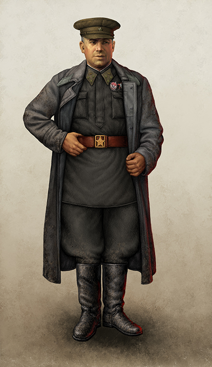 17. Генерал в гимнастерке хаки, полевой фуражке, и солдатской шинели