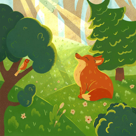 Лиса в лесу. Милая детская иллюстрация лесных животных