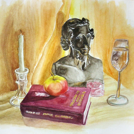 Акварельный натюрморт, постановка с чугунным бюстом