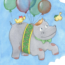 Бегемотик летит на воздушных шарах