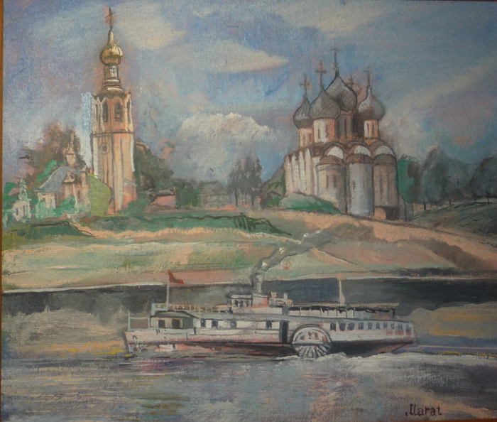 -Колёсный пароход на реке Вологда-.Картина выполнена в жанре изобразительных приёмов"Суровый стиль" .Холст, масло.Размеры 35х40,5см.Картина создана в 2000 году.Автор-художник  Марат Брызгалов.