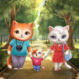 Семья котиков на прогулке