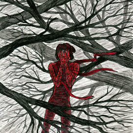 Красный человек, чёрные деревья