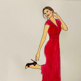 Красивая иллюстрация девушки.Девушка в красном вечернем платье.