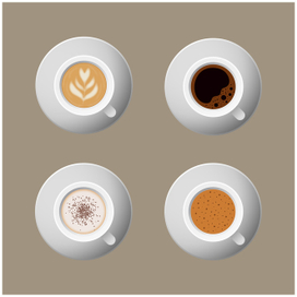 3d realistic white cups with different types of coffee, top view. Cappuccino, latte, americano, espresso