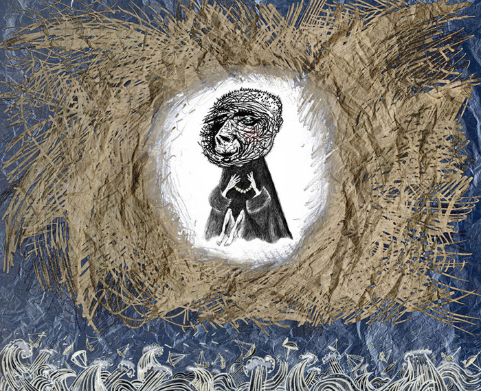 Буддийский монах, медитирующий в центре соломенного тайфуна