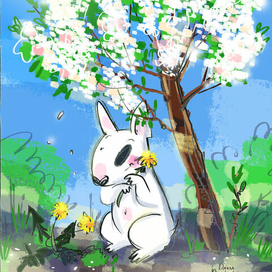 Яблоня в цвету и бультерьер