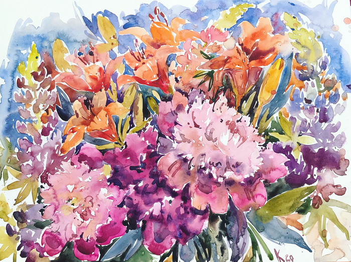 Букет с пионами и люпинами