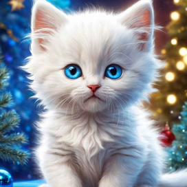ИИ. Милый маленький белый котенок встречает Новый год.