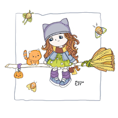 Little witch with her cat