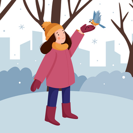 Девочка кормит синиц в парке