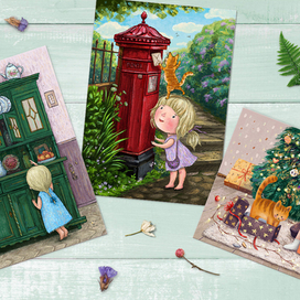 Комплект из трех открыток "Девочка и кот"