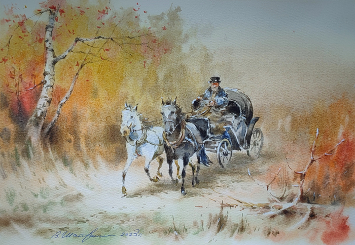 Повозка в лесу .