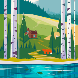 Лиса в березовом лесу