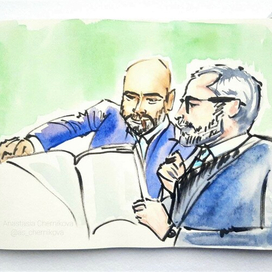 Мужской портрет. Мужчины читают журнал. Иллюстрация.Акварель