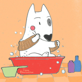 Купание бультерьера в красном тазу