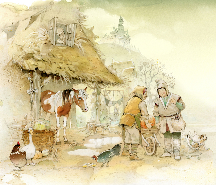    фрагмент иллюстрации к сказке ( решается участь пятнистой лошадки ) 