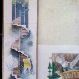 Эскиз настенной росписи. Спроектированный дизайн-проект фасада общежития, от института. (акварель,акрил) 2020г.