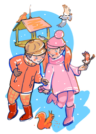 К стихотворению " Потрудились неспроста" про деток, построивших кормушку