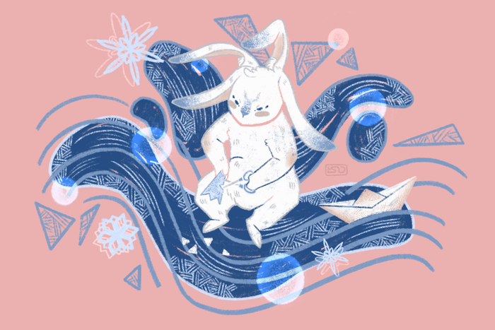 Зайка, вырезающий снежинки