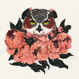 Сова с пионами.