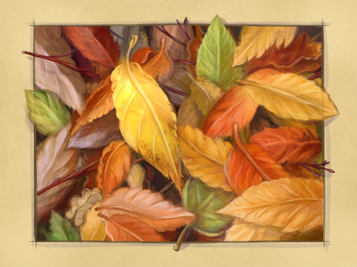 Одинокий золотой лист. Иллюстрация. Цифровая живопись