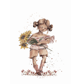 Девочка с букетом садовых цветов в руках
