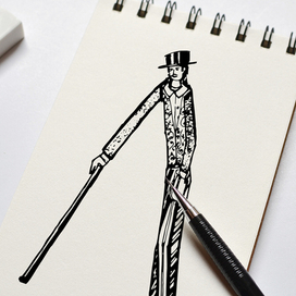 Графическая илюстрация в ретро стиле джентелмен с тростью нарисованые черной гелевой ручкой
