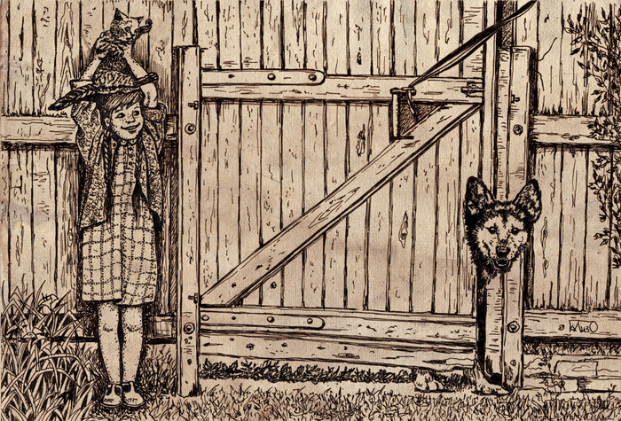 Девочка, котёнок и пёс