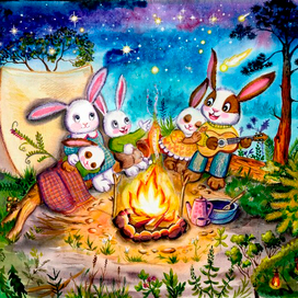 Семейство кроликов в походе