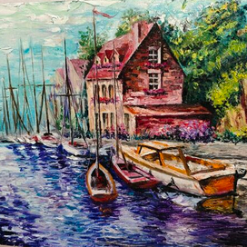 Пейзаж причала в Италии, масло