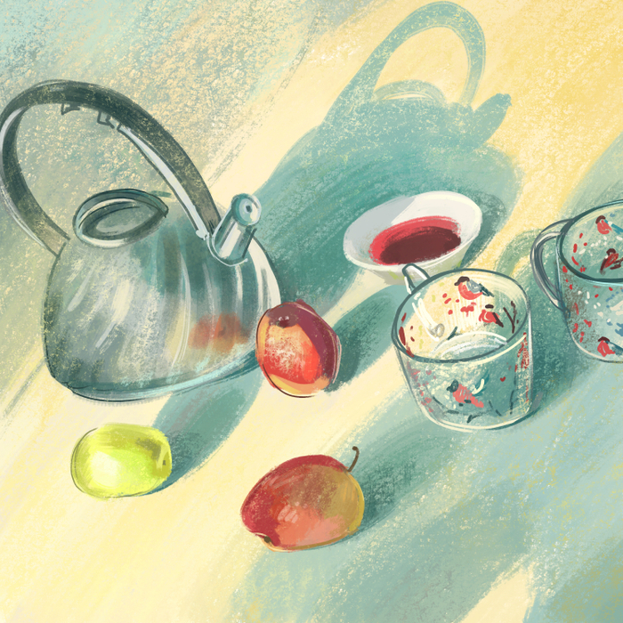 Натюрморт с чайником и яблоками