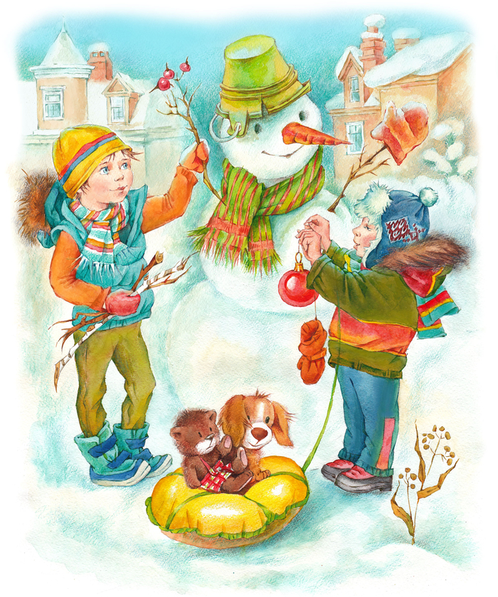 Дети и снеговик Мотя. Иллюстрация к рассказу С. Георгиева
