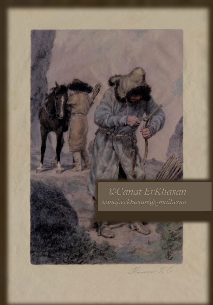 Охотник надевающий тетиву на лук "Горная охота" Акварель