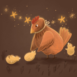 Курочка-мама и цыплята. Иллюстрация для книги и открыток.