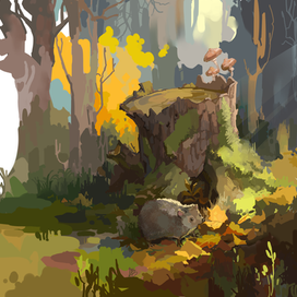 Ёж нашёл ямку в трухлявом пне, натаскал туда листьев