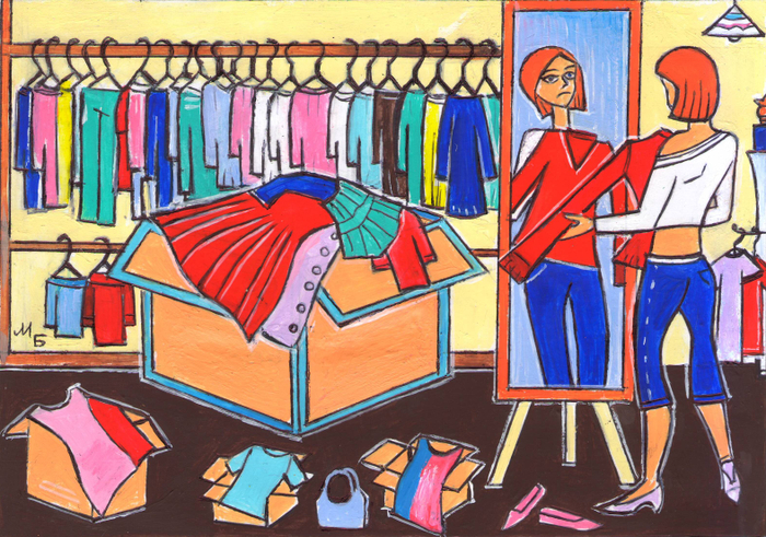 Модница выбирает одежду.Иллюстрация для журнала"Левша".Редакция"Юный техник".Иллюстрация опубликована в журнале.