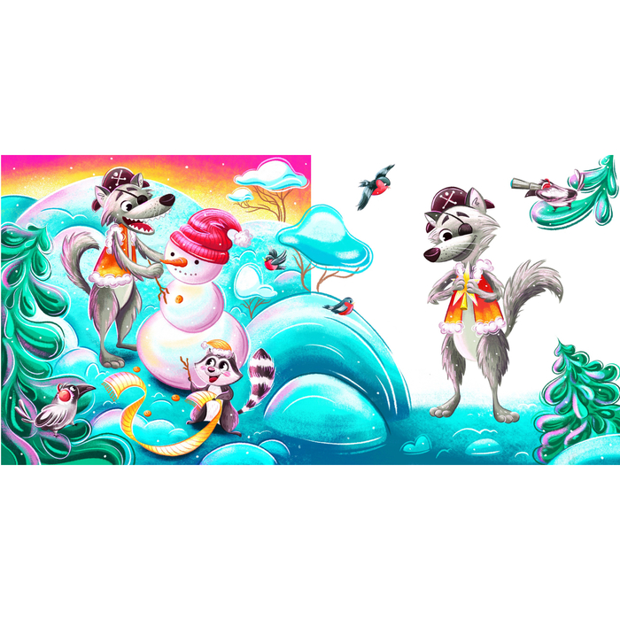 Волк с друзьями лепит снеговика