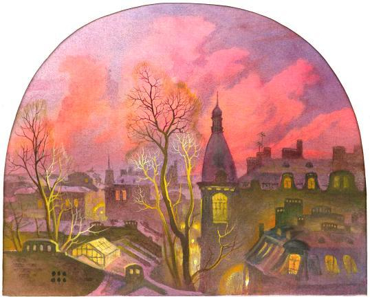 Город  на фоне закатных облаков